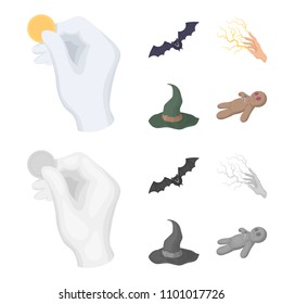 Focus with a coin, a bat, a mage hat, a lightning-fast spell.Black and white magic set collection icons in cartoon,monochrome style vector symbol stock illustration web.
