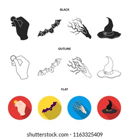 Focus with a coin, a bat, a mage hat, a lightning-fast spell.Black and white magic set collection icons in cartoon style vector symbol stock illustration web.