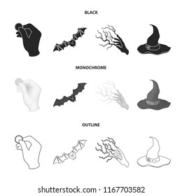 Focus with a coin, a bat, a mage s hat, a lightning-fast spell.Black and white magic set collection icons in black,monochrome,outline style vector symbol stock illustration web.