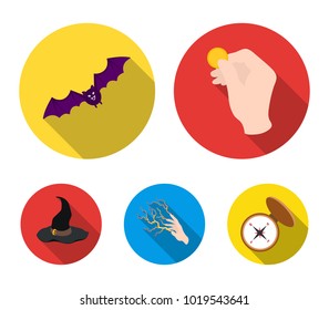 Focus with a coin, a bat, a mage's hat, a lightning-fast spell.Black and white magic set collection icons in flat style vector symbol stock illustration web.