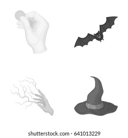 Focus with a coin, a bat, a mage's hat, a lightning-fast spell.Black and white magic set collection icons in monochrome style vector symbol stock illustration web.