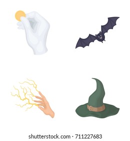 Focus with a coin, a bat, a mage's hat, a lightning-fast spell.Black and white magic set collection icons in cartoon style vector symbol stock illustration web.