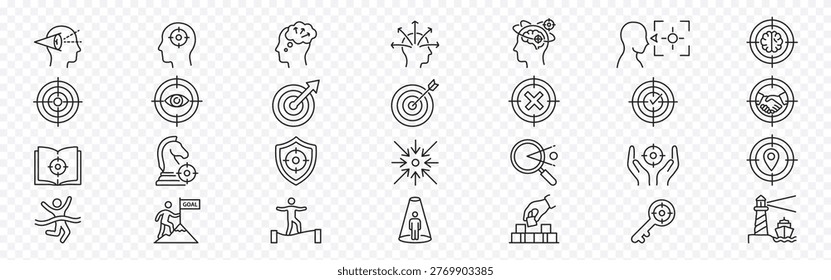 Focus, concentration, continuous progress and achievement icon set – editable outline symbols of goal setting, target, strategy, planning, motivation, success, strategic thinking and accomplishment