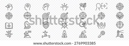 Focus, concentration, continuous progress and achievement icon set – editable outline symbols of goal setting, target, strategy, planning, motivation, success, strategic thinking and accomplishment