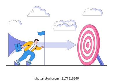 Focus and concentration for starting business, begin new job, or preparing for work concepts illustrations. Businessman get sprint run on start position with arrow going to goal and target.