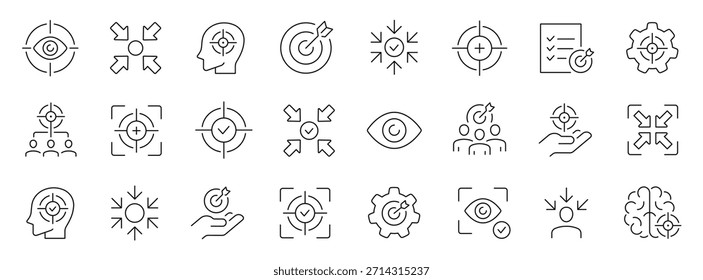 Conjunto de iconos de línea delgada de enfoque y concentración. Trazo editable. Vector