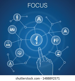 focus concept, blue background. target, motivation, integrity, process icons