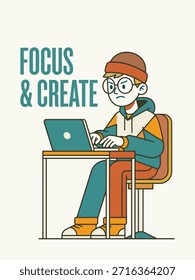 Focus and Create – Minimal Gen Z Cartoon Character Working on Laptop Illustration