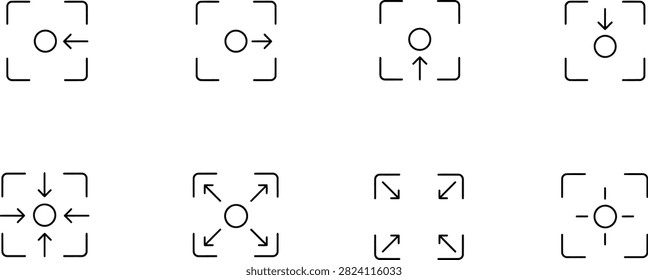 Focus and direction arrow icon set with center point symbols for interface navigation design