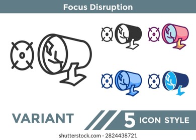 Focus Disruption icon for illustrating interrupted concentration systems, attention fragmentation patterns, and distraction psychology concepts. Line, Filled, Color, Dualtone style.