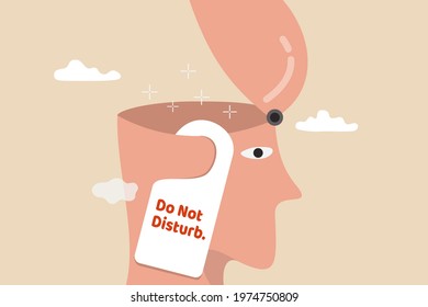 Focus Or Do Not Disturb In Thinking Or Creativity, Concentrate And Eliminate Distraction Increase Productivity Concept, Human Head Open With Do Not Disturb Sign While Thinking Of Business Solution.