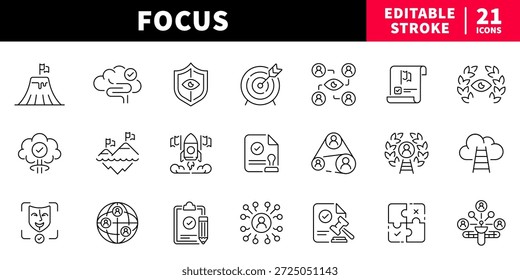 Conjunto de iconos de línea editables de enfoque: reunión lineal, privacidad y símbolos de destino