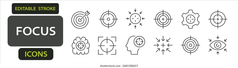 Enfoque los iconos de trazo editables, incluidos el objetivo, el cerebro, el ojo, el engranaje, las flechas, el punto de mira y el usuario. Definir el Vector establecido para la productividad, la atención y el establecimiento de objetivos.