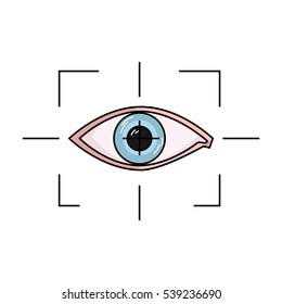 Focus of eye in the virtual reality icon in cartoon style isolated on white background. Virtual reality symbol stock vector illustration.