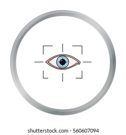 Focus of eye in the virtual reality icon in cartoon style isolated on white background. Virtual reality symbol stock vector illustration.