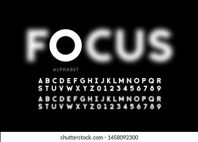 Focus font design, focused and defocused style alphabet letters and numbers vector illustration