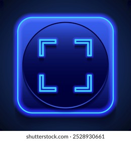 Focus, full screen simple icon vector. Flat design. Blue neon style on button. With shadow.ai