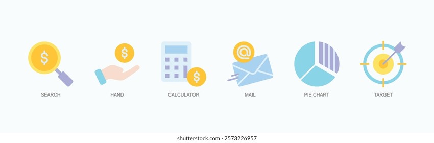 Focus And Function Icon Set Icon Set Isolated Vector Illustration Concept With Icon Of Search, Hand, Calculator, Mail, Pie Chart, Target In Flat Style