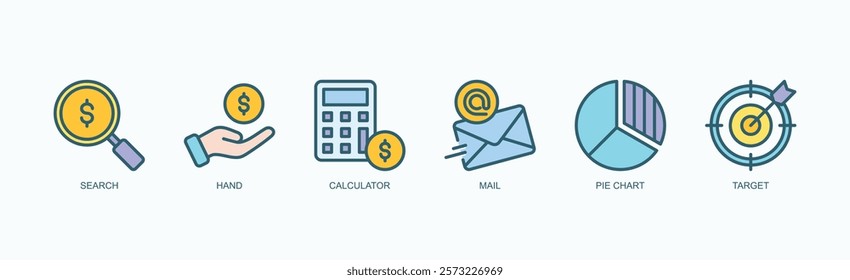 Focus And Function Icon Set Icon Set Isolated Vector Illustration Concept With Icon Of Search, Hand, Calculator, Mail, Pie Chart, Target In Outline Color Style