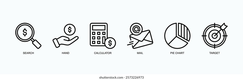 Focus And Function Icon Set Icon Set Isolated Vector Illustration Concept With Icon Of Search, Hand, Calculator, Mail, Pie Chart, Target In Outline Style