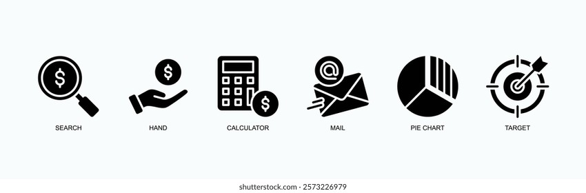 Focus And Function Icon Set Icon Set Isolated Vector Illustration Concept With Icon Of Search, Hand, Calculator, Mail, Pie Chart, Target In Glyph Style