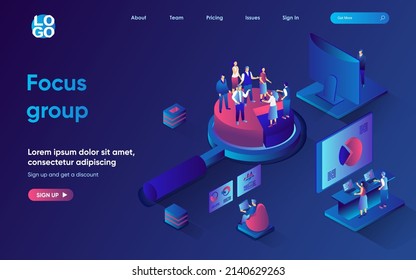 Focus Group Concept 3d Isometric Web Landing Page. People Doing Consumer And Market Research, Analyze Data, Get Customers Feedback, Meeting At Conference. Vector Illustration For Web Template Design