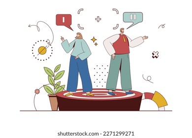 Concepto de grupo de enfoque con situación de carácter en diseño plano. Las mujeres y los hombres son entrevistados para obtener datos de investigación de marketing y comportamiento de los clientes. Ilustración vectorial con escena de personas para web