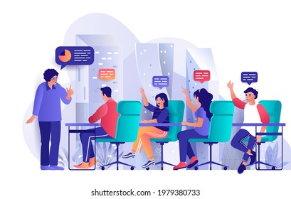 Focus group concept in flat design. Marketing research of target audience scene template. Company colleagues meeting for discussion, brainstorming. Vector illustration of people characters activities