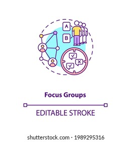 Focus group concept icon. Market researching idea thin line illustration. Qualitative method. Gathering group to discuss task. Vector isolated outline RGB color drawing. Editable stroke