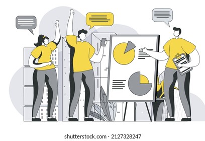 Focus Group Concept With Outline People Scene. Colleagues Doing Market Research And Studying Buyers, Discussing And Brainstorming In Meeting. Vector Illustration In Flat Line Design For Web Template