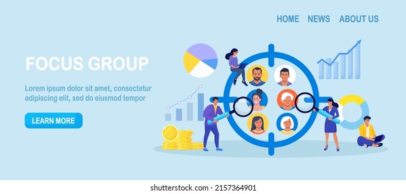 Focus group concept. People avatars in crosshair. Businessmen study audience, research consumer behavior. Target audience at aim. Customer attraction campaign, accurate seo, advertising. Vector design