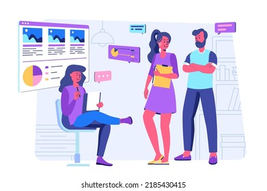 Focus group concept with people scene for web. Women and men working in team at business meeting, discussing and making marketing research of audience. Vector illustration in flat perspective design