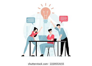Enfocar el concepto de grupo con la escena de la gente en diseño plano. El equipo de Marketer discute y lleva a cabo investigaciones de marketing, analiza a los compradores para promover los negocios. Ilustración de vector con situación de caracteres para web