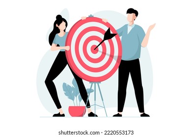 Focus group concept with people scene in flat design. Woman and man conduct marketing research, analyze buyers and create successful targeting. Vector illustration with character situation for web
