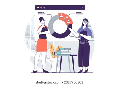 Enfocar el concepto de grupo con la escena de la gente en diseño plano para la web. Las mujeres trabajan con la presentación de los gráficos circulares y analizando la audiencia a la que van dirigidas. Ilustración vectorial para banner de medios sociales, material de marketing.