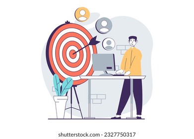 Focus group concept with people scene in flat design for web. Man creating advertising campaign for target audience and strategy. Vector illustration for social media banner, marketing material.