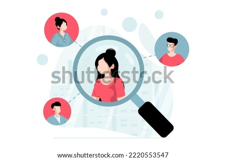 Focus group concept with people scene in flat design. Woman making marketing research and analysis buyers connected with her using social networks. Vector illustration with character situation for web