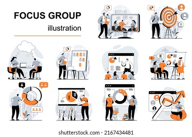 Focus Group Concept With People Scenes Set In Flat Design. Women And Men Do Marketing Research, Study Customer Behavior And Develop Strategy. Vector Illustration Visual Stories Collection For Web