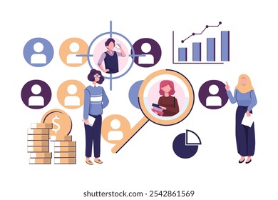 Focus group concept. Target audience at aim. People avatars in crosshair. research consumer behavior. flat illustration