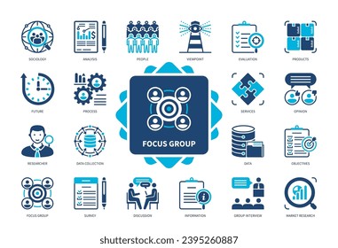 Focus Group icon set. Products, Services, Survey, Group Interview, Analysis, Sociology, Market Research, Viewpoint, Data Collection. Duotone color solid icons