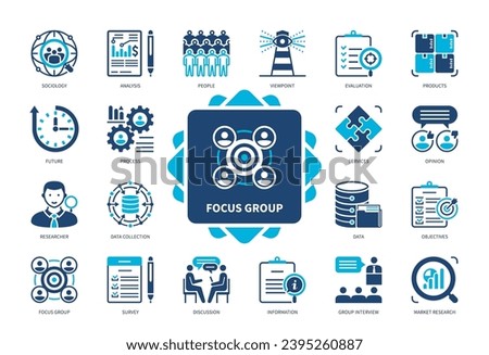 Focus Group icon set. Products, Services, Survey, Group Interview, Analysis, Sociology, Market Research, Viewpoint, Data Collection. Duotone color solid icons
