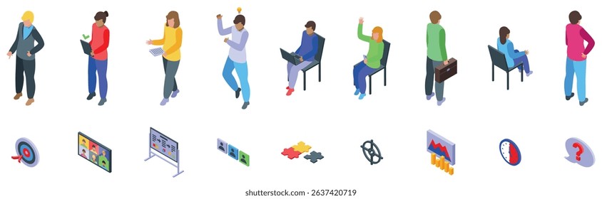 Focus group icons set. Isometric icons depicting various aspects of an assessment center, including candidates undergoing tests, evaluations, and participating in group activities