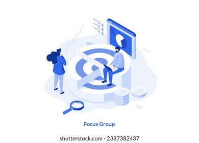 Focus group isometric concept vector illustration. Group of diverse colleagues brainstorming, development business strategy, IT company, strategy and project discussion abstract metaphor.