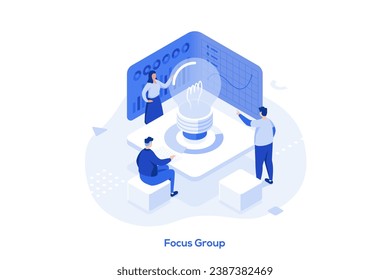 Focus group isometric concept vector illustration. Group of diverse colleagues brainstorming, development business strategy, IT company, strategy and project discussion abstract metaphor.