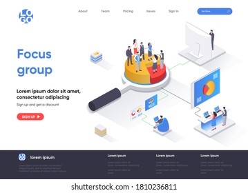 Focus group isometric landing page. Market research method isometry concept. Collective discussion and feedback, focused interview of consumers web page. Vector illustration with people characters.