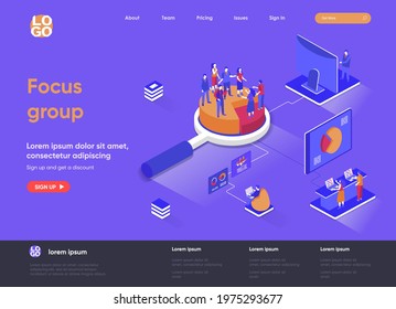 Focus Group Isometric Landing Page. Market Research Method Isometry Concept. Collective Discussion And Feedback, Focused Interview Of Consumers Web Page. Vector Illustration With People Characters.