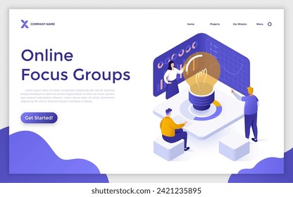 Focus group isometric vector landing page. Group of diverse colleagues brainstorming, development business strategy, IT company, strategy and project discussion abstract metaphor.