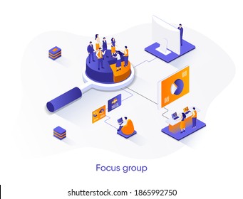 Focus group isometric web banner. Market research isometry concept. Collective discussion and feedbacks 3d scene, focused interview of consumers flat design. Vector illustration with people characters