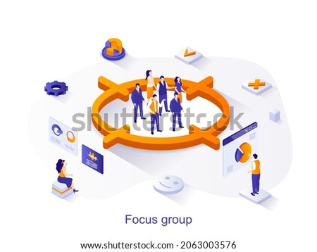 Focus group isometric web concept. People study audience, aim at group, research data and customer behavior. Market research method scene. Vector illustration for website template in 3d design