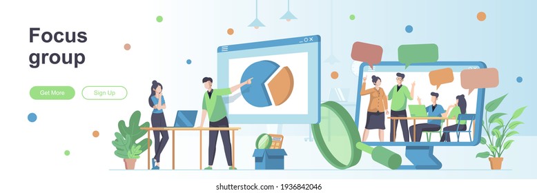 Focus group landing page with people characters. Collective discussion and feedbacks web banner. Market research method vector illustration. Flat concept great for social media promotional materials.